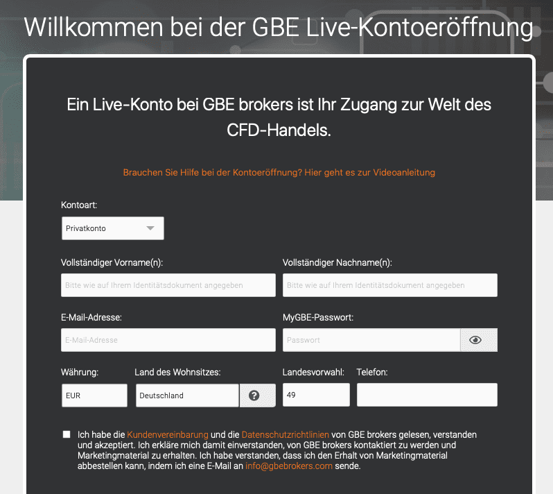 Kontoeröffnung bei GBE brokers für den MetaTrader 4 oder MT5