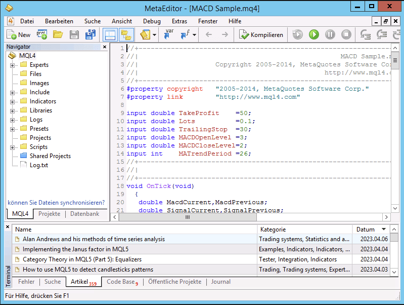 MetaEditor - Hier wird ausschließlich in MQL programmiert